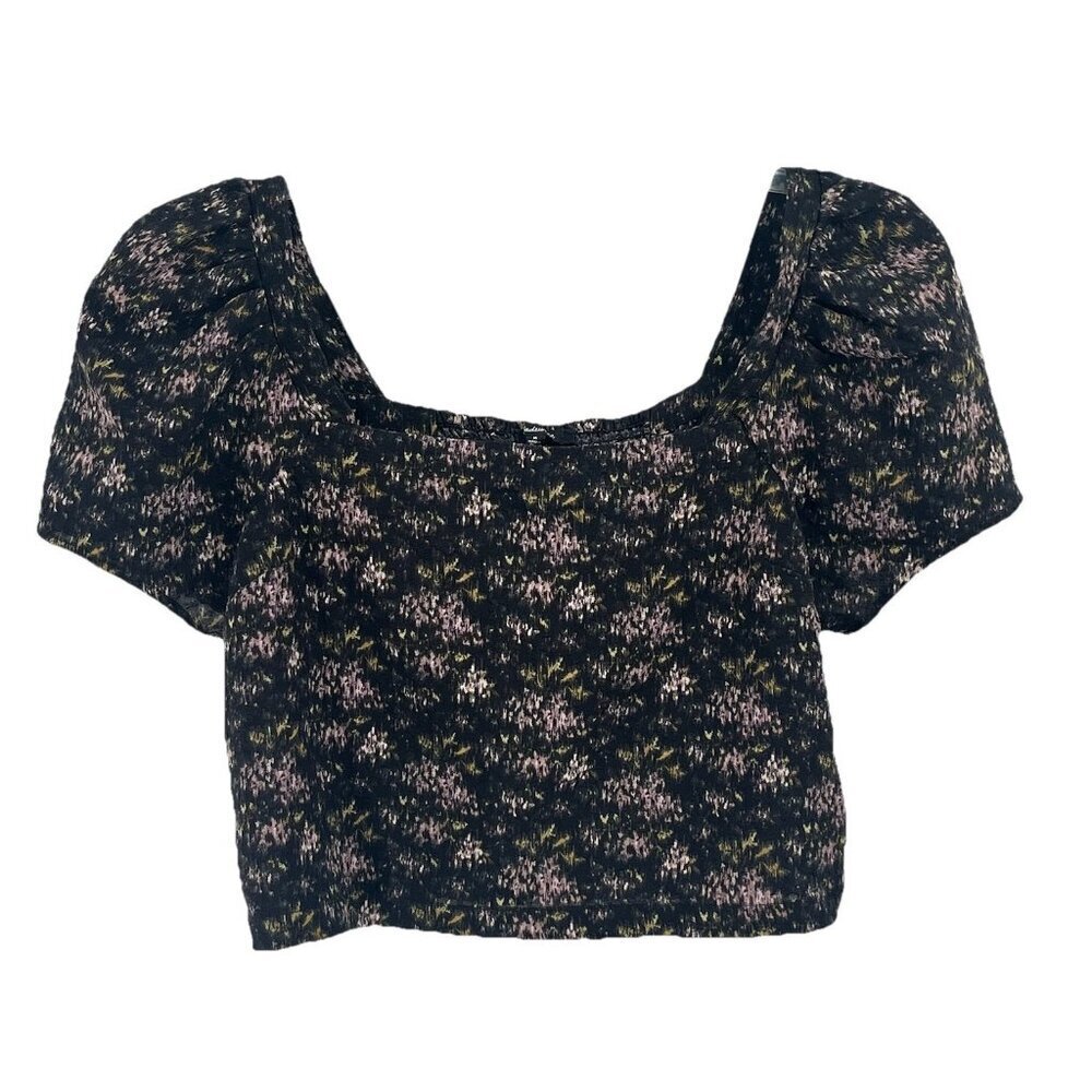 Madewell Black Floral Crop Top Cottagecore Sz Medium Short Sleeve Romantic Chic - Picture 1 of 5